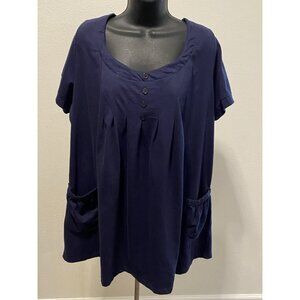 Roaman’s  Size Large (18-20) Top Navy Short Sleeve With Pockets Pleated Pullover